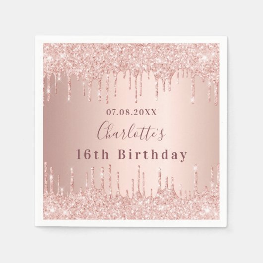 16歳の誕生日バラ金ゴールドグリッタードリップモノグラム スタンダードカクテルナプキン (正面)