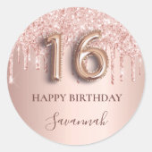 16歳の誕生日バラ金ゴールドグリッターピンクバルーンスタイル ラウンドシール (正面)