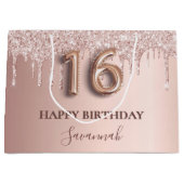 16歳の誕生日バラ金ゴールドグリッターピンクバルーンスタイル ラージペーパーバッグ (正面)