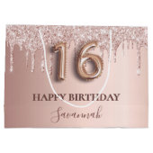 16歳の誕生日バラ金ゴールドグリッターピンクバルーンスタイル ラージペーパーバッグ (裏面)