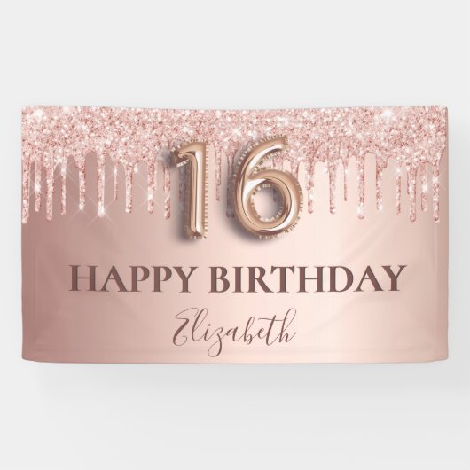 16歳の誕生日バラ金ゴールドグリッターピンクバルーンスタイル 横断幕 (横)