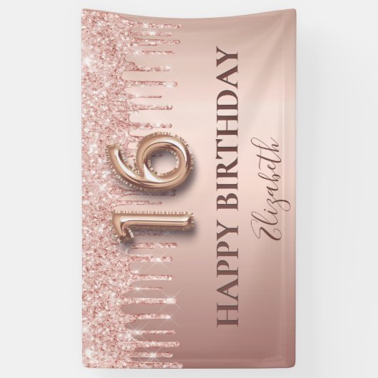 16歳の誕生日バラ金ゴールドグリッターピンクバルーンスタイル 横断幕 (縦)