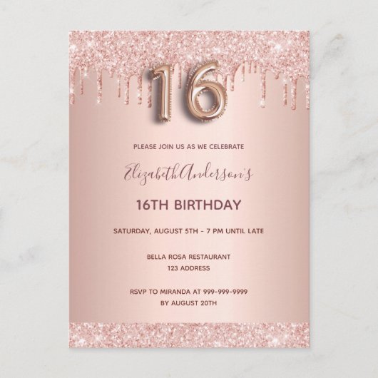 16歳の誕生日バラ金ゴールドグリッターピンク ポストカード (正面)