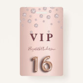 16歳の誕生日バラ金ゴールドピンクダイヤモンドバルーンフォント バッジ (正面)