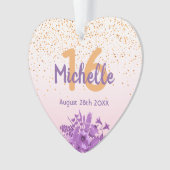 16歳の誕生日バラ金ゴールド紙吹雪紫色の花 オーナメント (正面)