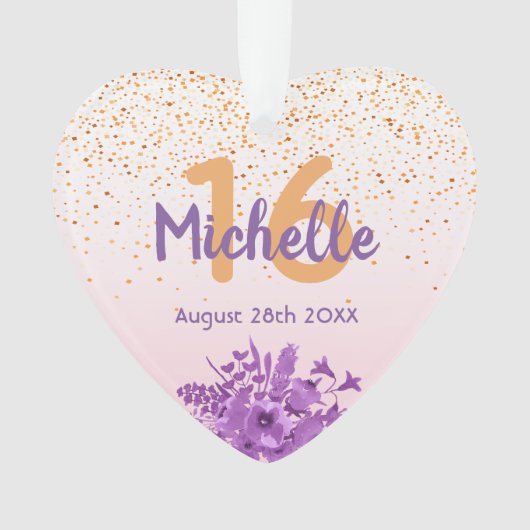 16歳の誕生日バラ金ゴールド紙吹雪紫色の花 オーナメント (正面)