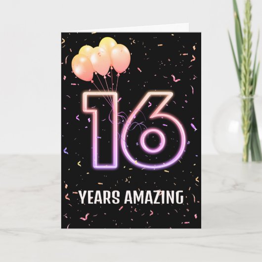 16歳の誕生日バルーンとコンフェティ カード (正面)