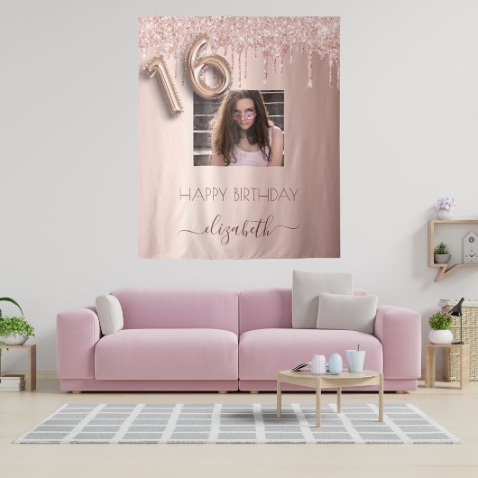 16歳の誕生日パーティーの写真 ローズゴールド グリッター ピンク タペストリー