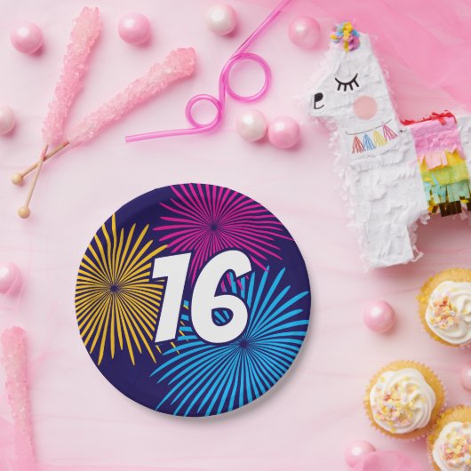 16歳の誕生日パーティーの花火のカスタムデザイン ペーパープレート (パーティー)