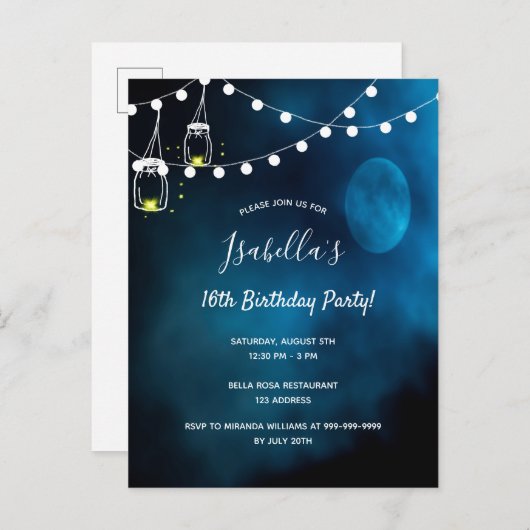 16歳の誕生日パーティーの青い月がメイソンのジャーを照らす インビテーションポストカード (正面/裏面)