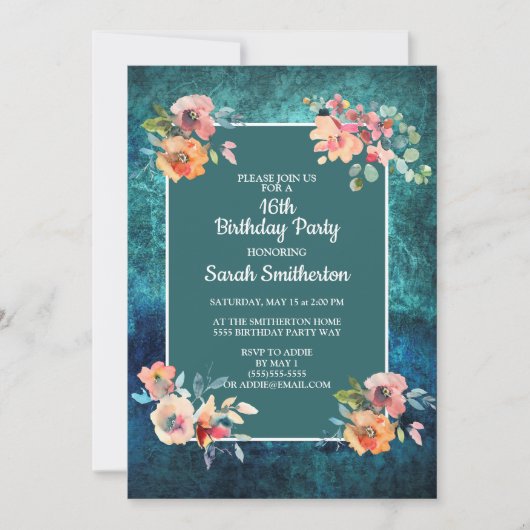16歳の誕生日パーティーティール（緑がかった色）ピンクフローラストライプ カード (正面)