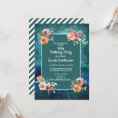 16歳の誕生日パーティーティール（緑がかった色）ピンクフローラストライプ カード (正面/裏面インサイチュ)