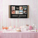 16歳の誕生日パーティー写真コラージュバナー 横断幕<br><div class="desc">16歳の誕生日にカスタム写真コラージュバナーを作成しよう。テンプレートには、名前、年齢、お気に入りの写真を追加できるようになっている。写真は自動的にコラージュとして表示される。バナーには、ボヘミアンスタイルとモダンなレトロなチェック柄がブラック、ゴールド、クリームでデザインされている。バースデーバナーには「スウィートシックスティーン」と16の年齢をキュートなスクリプトカリグラフィータイポグラフィーで記載。</div>