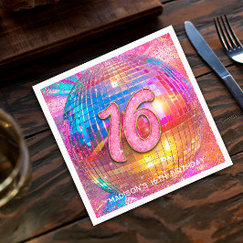 16歳の誕生日パーティー ゴールド ピンク グリッター ディスコボール スタンダードカクテルナプキン