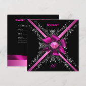 16歳の誕生日パーティー ピンク ブラック シルバー 招待状 (正面/裏面)