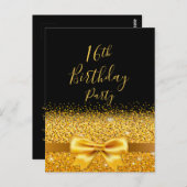 16歳の誕生日パーティー ブラック ガーリー ゴールド リボン 招待状 (正面/裏面)