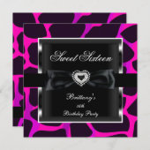 16歳の誕生日パーティー ホットピンク アニマルプリント ブラック 招待状 (正面/裏面)