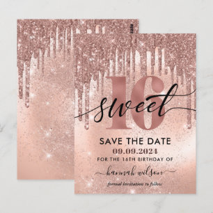 16歳の誕生日パーティー ローズゴールド Save The Date ポストカード
