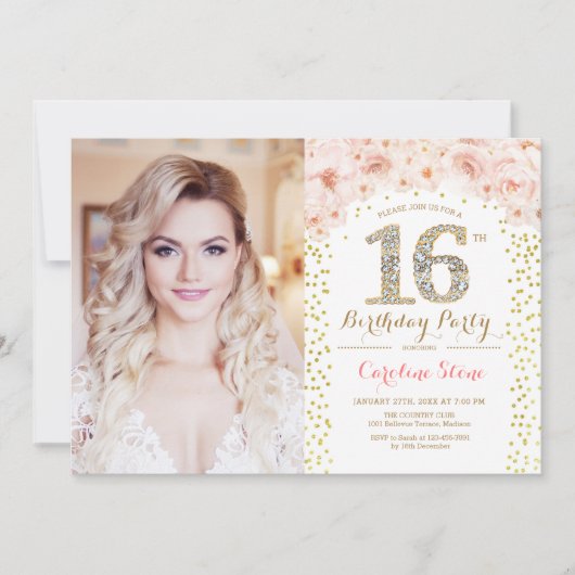 16歳の誕生日パーティー　写真付き - ゴールド ピンク フラワー 招待状 (正面)