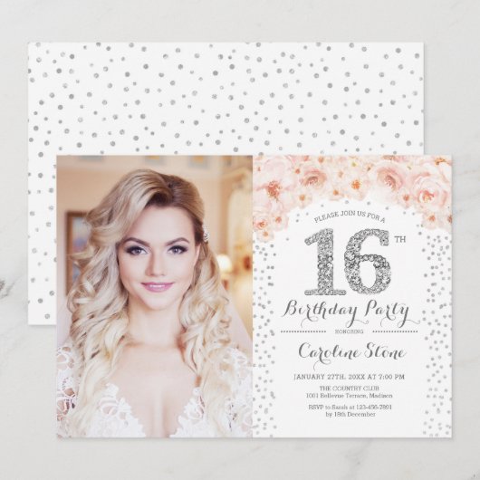 16歳の誕生日パーティー 写真付き - シルバー ピンク ホワイト 招待状 (正面/裏面)