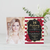 16歳の誕生日パーティー 写真付き - ブラック ゴールド レッド 招待状 (スタンド正面)