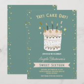 16歳の誕生日パーティー 女の子 ピンク 緑 招待状 (正面/裏面)