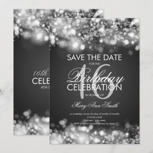 16歳の誕生日パーティー「Save The Date」シルバー 招待状 (正面/裏面)