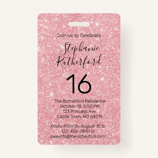 16歳の誕生日パーティーVIPパスピンクグリッター バッジ (裏面)