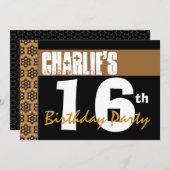 16歳の誕生日パーテモダンィーブラック金ゴールド2B6 招待状 (正面/裏面)