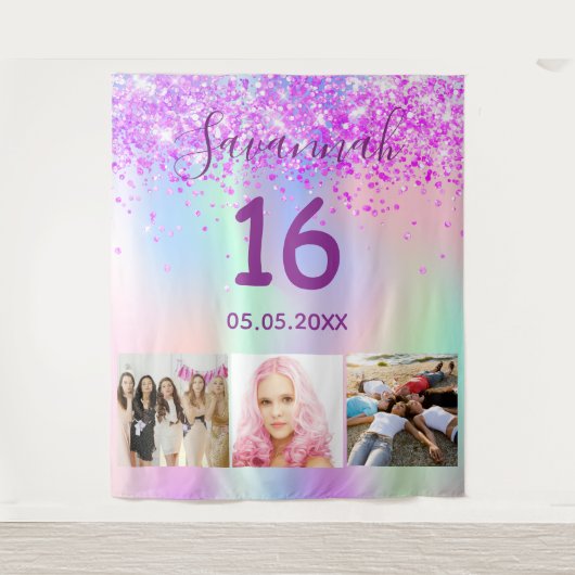 16歳の誕生日パープルピンクホログラフィック写真 タペストリー (正面)