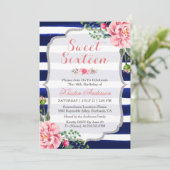 16歳の誕生日ピンクの花模様シルバー青ストライプ 招待状 (スタンド正面)