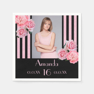 16歳の誕生日ピンクストライプフローラ黒写真 スタンダードカクテルナプキン