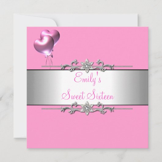16歳の誕生日ピンク風船シルバーパーティー 招待状 (正面)