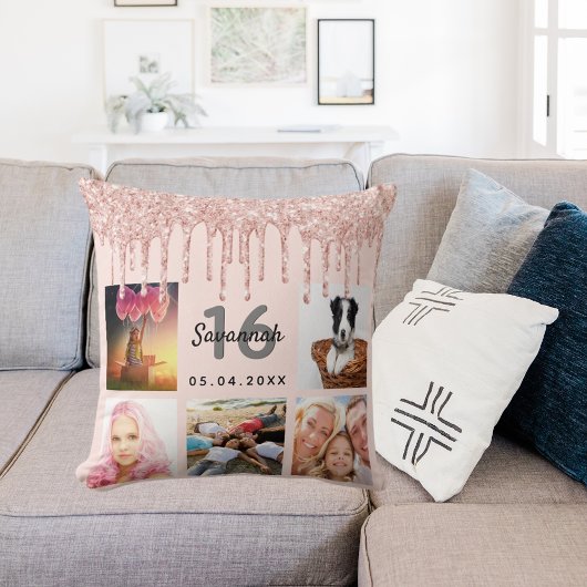 16歳の誕生日フォトバラ金ゴールドグリッター赤面ピンク クッション