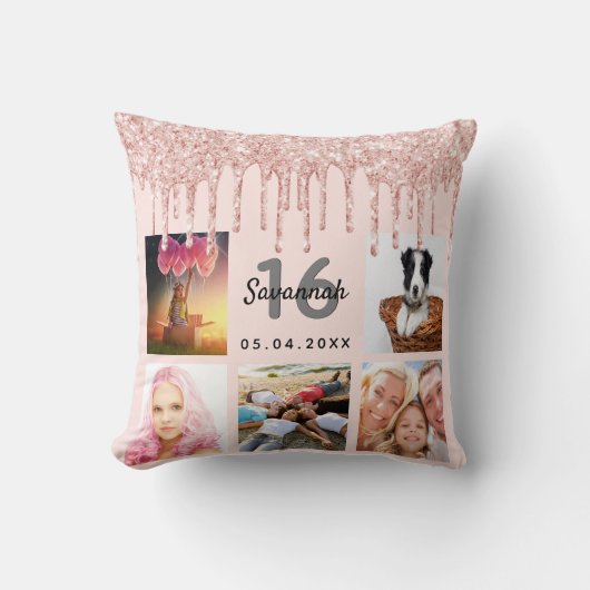 16歳の誕生日フォトバラ金ゴールドグリッター赤面ピンク クッション (正面)