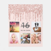 16歳の誕生日フォトバラ金ゴールドグリッター赤面ピンク フリースブランケット (正面)