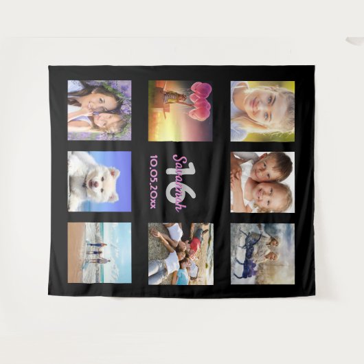 16歳の誕生日ブラックピンクフォトコラージュ タペストリー (正面(横))