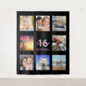 16歳の誕生日ブラックピンクフォトコラージュ タペストリー (正面)