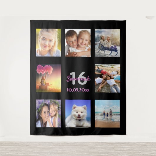 16歳の誕生日ブラックピンクフォトコラージュ タペストリー (正面)