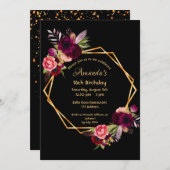 16歳の誕生日ブルゴーニュフローラ金ゴールド幾何学黒 招待状 (正面/裏面)