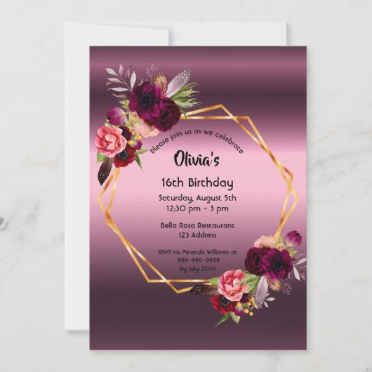 16歳の誕生日ブルゴーニュ花模様紫の幾何学的 招待状 (正面)
