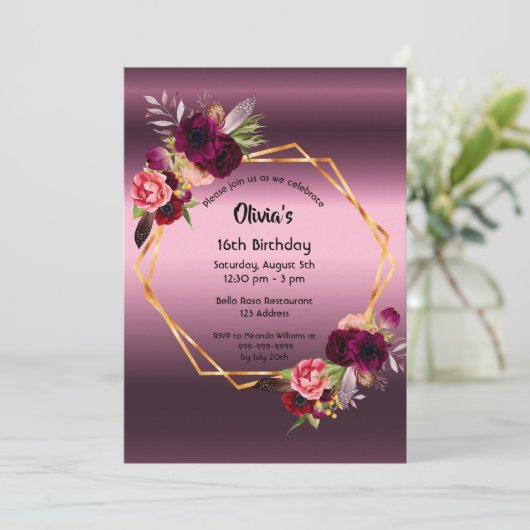 16歳の誕生日ブルゴーニュ花模様紫の幾何学的 招待状 (スタンド正面)