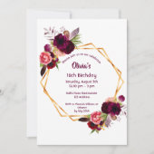 16歳の誕生日ブルゴーニュ花模様金ゴールド幾何学的 招待状 (正面)