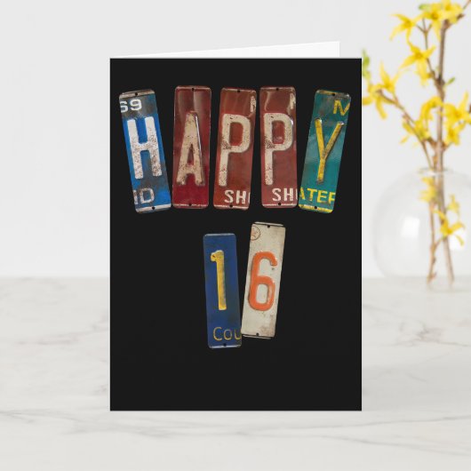16歳の誕生日ヴィンテージライセンスプレート カード (黄色い花)