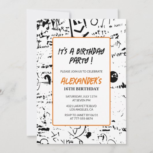 16歳の誕生日招待状メンズグラフィティ絵を描パーティー 招待状 (正面)
