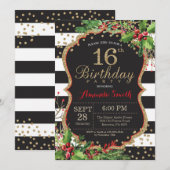 16歳の誕生日招待状。クリスマスツリーの赤と黒と金の装飾 招待状 (正面/裏面)