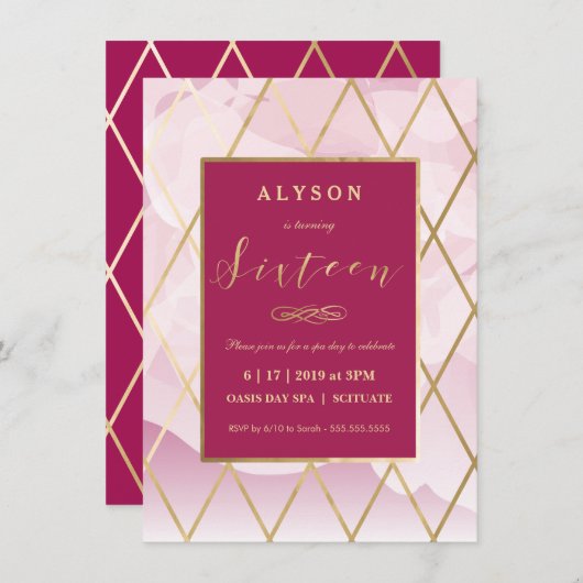 16歳の誕生日招待状 ゴールド ガーリー スイートシックスティーン 招待状 (正面/裏面)