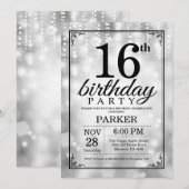 16歳の誕生日招待状 シルバーのグリッター 招待状 (正面/裏面)