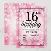 16歳の誕生日招待状 ピンクのグリッター 招待状 (正面/裏面)