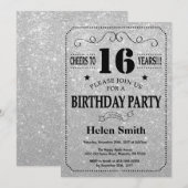 16歳の誕生日招待状 ブラックとシルバーのグリッター 招待状 (正面/裏面)